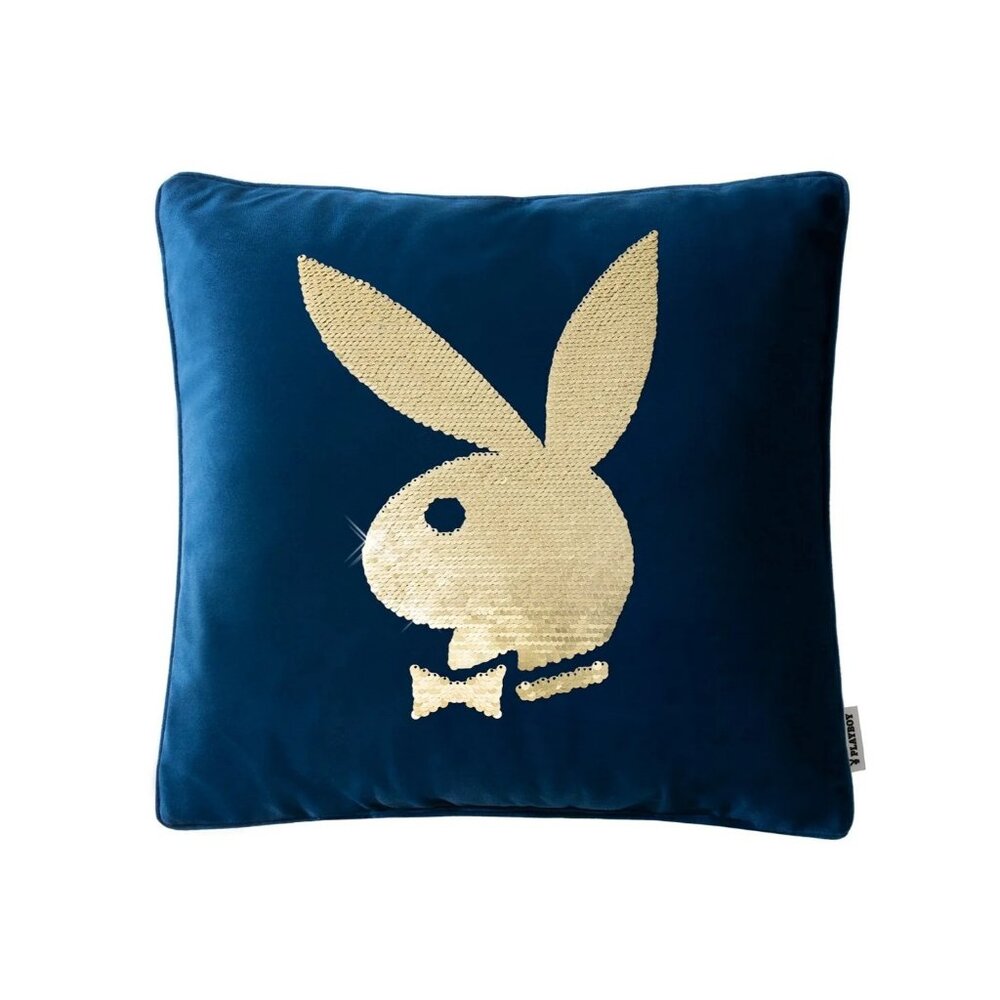 Playboy Rabbit Head Sequin Pillow Blue